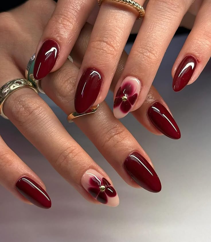 burgundy flower nails _custom press on nails_ hand made Press on Nails_Faux Acrylic Nails_ Gel Nails_Press on Nail